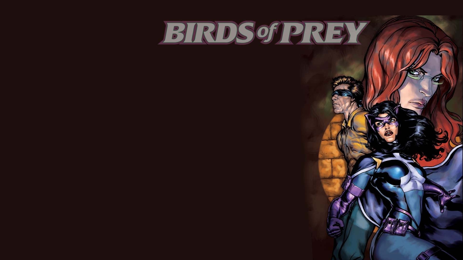 HD PC desktop wallpaper featuring Huntress from DC Comics' Birds of Prey with a dark background and bold Birds of Prey logo.