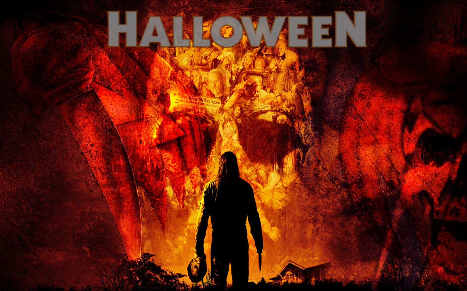 HD desktop wallpaper featuring a dark, fiery scene from the 2007 movie Halloween, with a silhouetted figure holding a mask against an eerie, burning background.