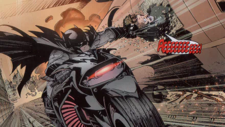 Batman on a roaring Batcycle crashes through flying glass, cape billowing across a streaking city — comic art from Batman: The Court of Owls. HD PC desktop wallpaper/background.