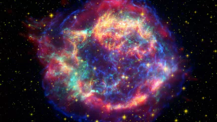 A vivid sci-fi depiction of a supernova, showcasing vibrant colors and celestial patterns against a backdrop of stars. An eye-catching HD wallpaper for space enthusiasts.