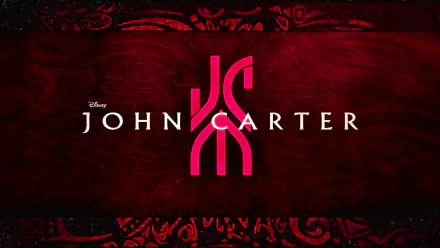 HD PC desktop wallpaper of the John Carter movie logo: pink stylized emblem and title on a textured deep-red, ornate background.