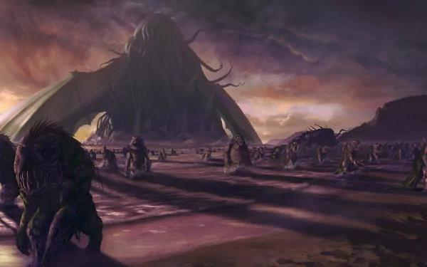 A stunning HD fantasy wallpaper depicting a colossal Cthulhu-like creature rising amid a dark, atmospheric landscape, with eerie figures walking in the foreground under a moody sky.