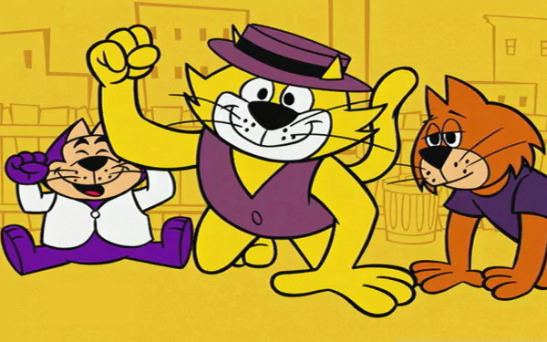 HD desktop wallpaper featuring Top Cat and his gang from the classic TV show, showcasing their playful and confident expressions against a yellow urban backdrop.