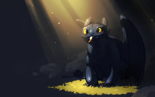 HD wallpaper of Toothless from How to Train Your Dragon, sitting under sunlight filtering through a dark cave.