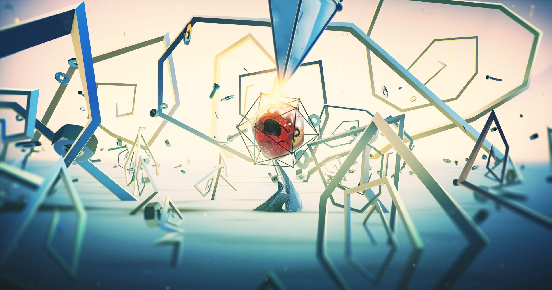 A surreal, artistic HD desktop wallpaper featuring abstract geometric shapes converging towards a central glowing orb, creating a dynamic and intriguing visual experience.