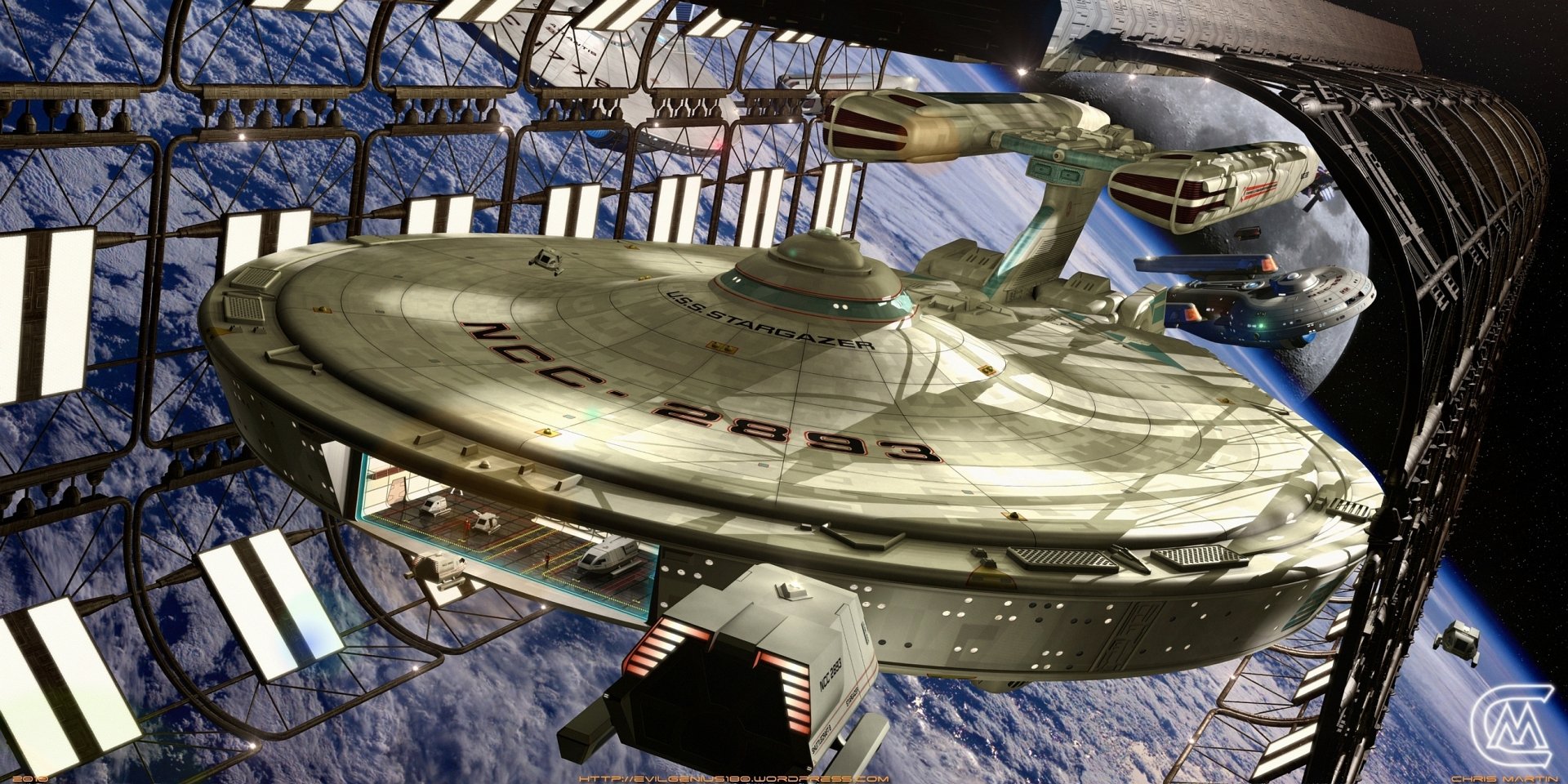 HD PC desktop wallpaper featuring the Star Trek spaceship Enterprise docked at a futuristic space station, set against the backdrop of Earth and outer space.