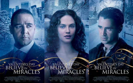 HD PC desktop wallpaper featuring characters from the movie Winter's Tale with a winter cityscape background and the phrase Valentine's Day Believe in Miracles.