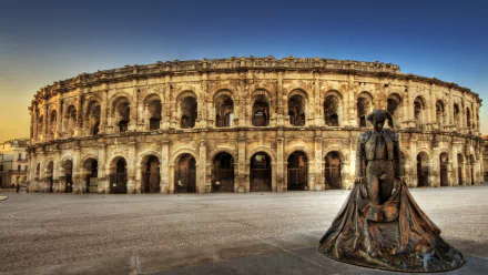 4K Ultra HD image of a historic man-made monument in Rome, featuring an ancient curved building and a modern statue in the foreground under a clear sky.