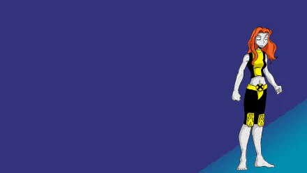 HD PC desktop wallpaper featuring Mercury from Marvel's X-Men comic, showcasing her fiery red hair and sleek black-and-yellow costume against a blue background.