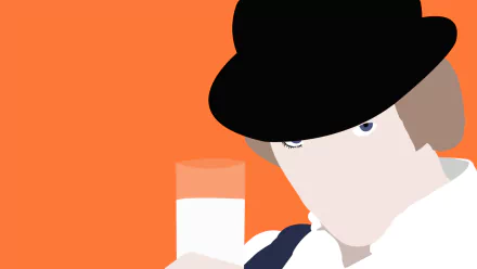 HD PC desktop wallpaper: minimalist A Clockwork Orange-inspired portrait — bowler hat, single false-lashed eye, white shirt and glass of milk against a bold orange background.