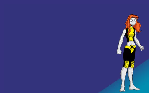 HD PC desktop wallpaper featuring Mercury from Marvel's X-Men comic, showcasing her fiery red hair and sleek black-and-yellow costume against a blue background.