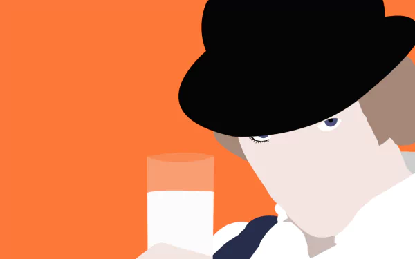 HD PC desktop wallpaper: minimalist A Clockwork Orange-inspired portrait — bowler hat, single false-lashed eye, white shirt and glass of milk against a bold orange background.