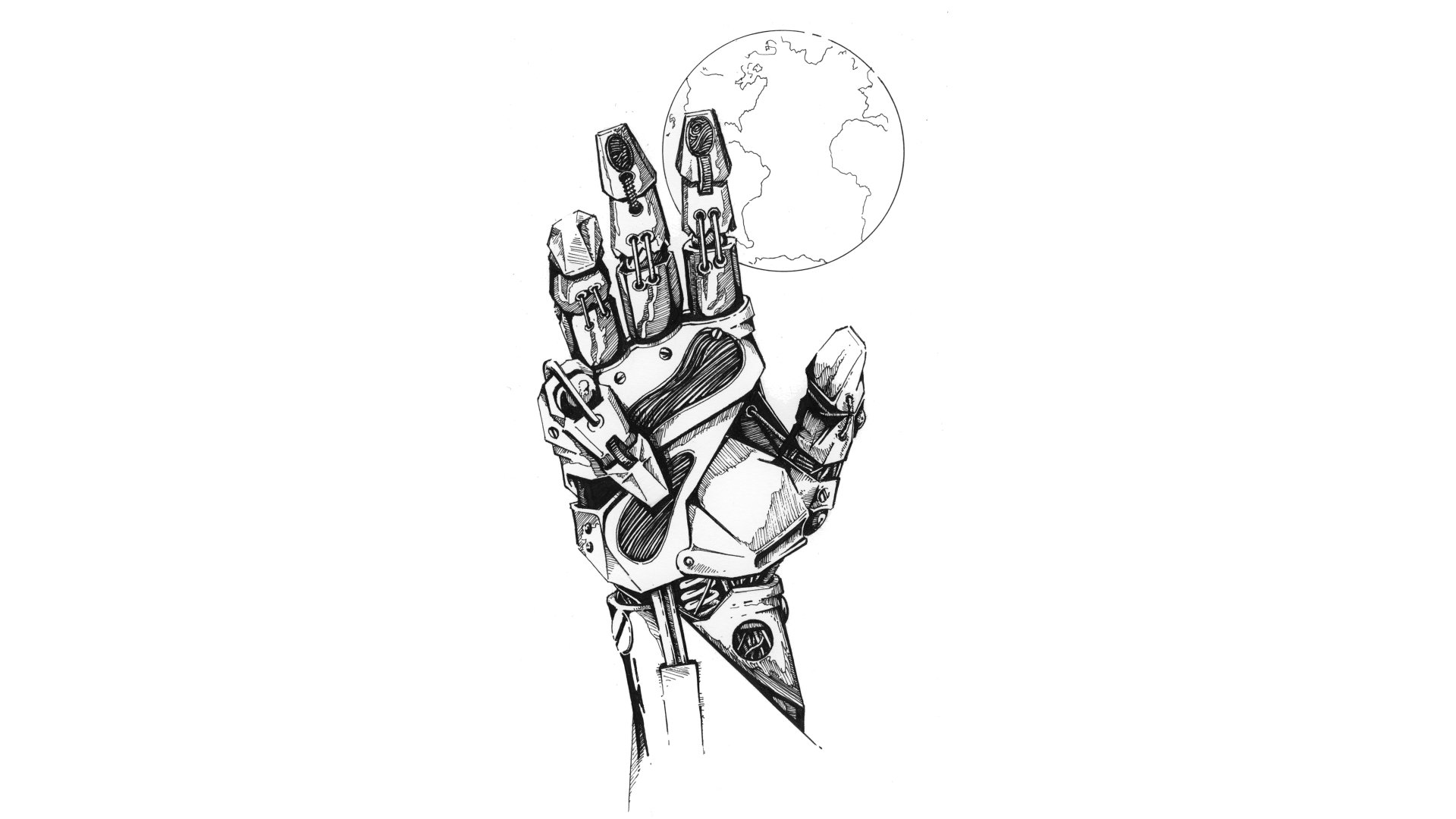 A futuristic robotic hand reaches out towards a stylized globe, set against a clean background. This 4K Ultra HD wallpaper embodies the essence of sci-fi innovation.