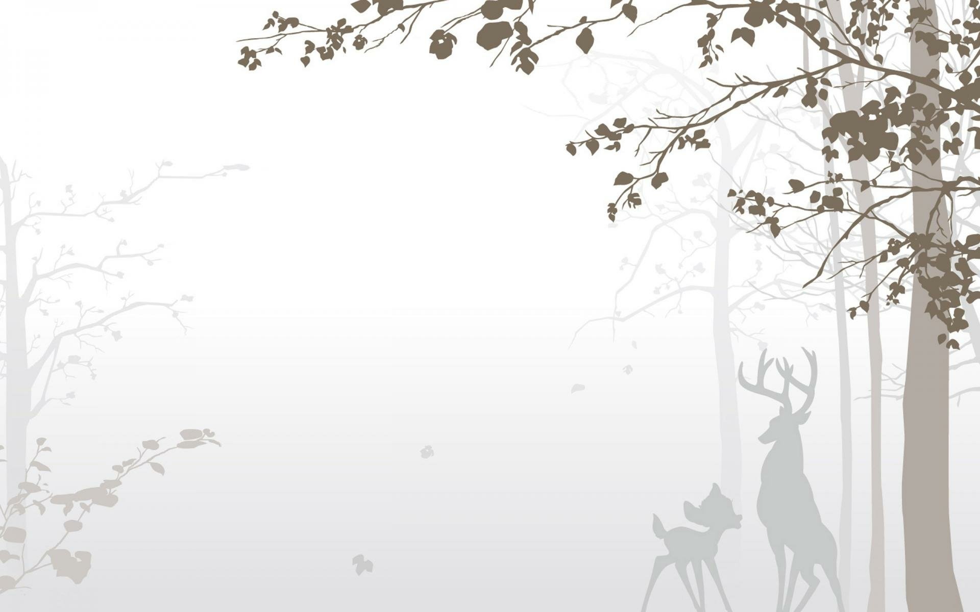 HD PC desktop wallpaper showing a minimalist grayscale Bambi movie scene: silhouetted deer and fawn in a misty forest with delicate branches overhead.