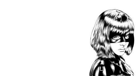 Black-and-white 8K Ultra HD PC wallpaper featuring Hit-Girl from the movie Kick-Ass with her distinctive mask and bob hairstyle against a white background.