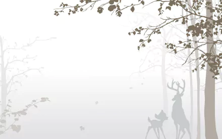 HD PC desktop wallpaper showing a minimalist grayscale Bambi movie scene: silhouetted deer and fawn in a misty forest with delicate branches overhead.