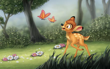 HD PC desktop wallpaper featuring Bambi from the movie, standing in a lush forest clearing with butterflies flying nearby.