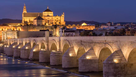 A stunning view of the Roman Bridge of Córdoba, illuminated at dusk, showcasing its arches and the historic architecture of the surrounding city. 4K Ultra HD background image.