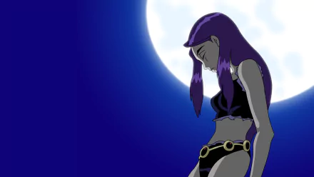 A moody HD wallpaper featuring Raven from DC Comics' Teen Titans, with long purple hair, set against a glowing full moon in a deep blue night sky.
