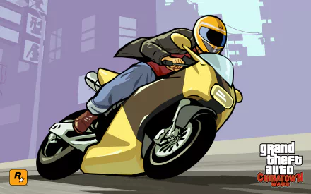 HD PC desktop wallpaper featuring a dynamic illustration of a motorcyclist from the video game Grand Theft Auto: Chinatown Wars.