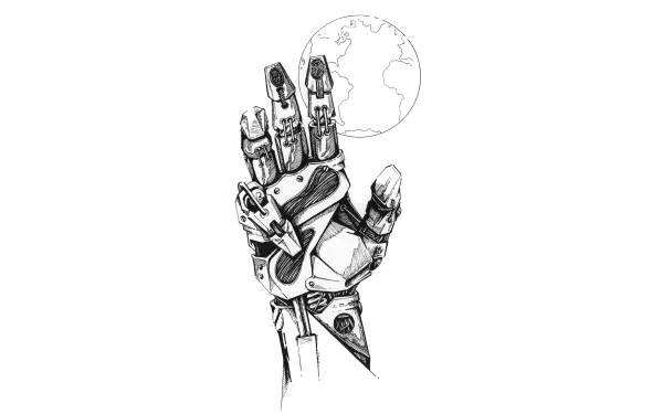 A futuristic robotic hand reaches out towards a stylized globe, set against a clean background. This 4K Ultra HD wallpaper embodies the essence of sci-fi innovation.