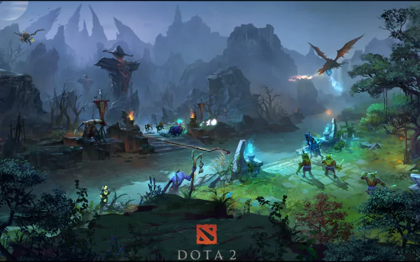 A vibrant 4K Ultra HD wallpaper featuring a dramatic landscape from the video game DotA 2, showcasing epic battles and mystical creatures in a rich, immersive setting.
