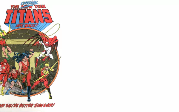 A dynamic HD wallpaper featuring iconic DC Comics characters from the Teen Titans, including Jason Todd, Wally West, Wonder Girl, and Aqualad, set against a vibrant background.