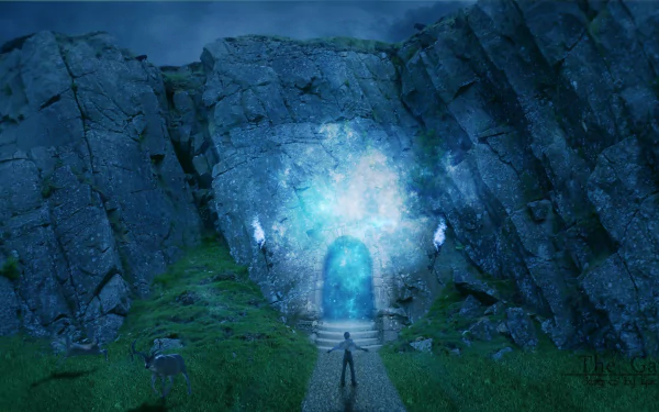 A fantasy magic scene depicting a glowing blue portal embedded in rocky cliffs, with a lone figure standing before it, rendered as an HD PC desktop wallpaper.