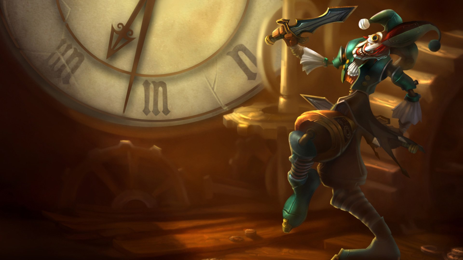 HD desktop wallpaper featuring Shaco from League of Legends poised with a dagger in front of a large, glowing clock, capturing the game's dark and mysterious atmosphere.
