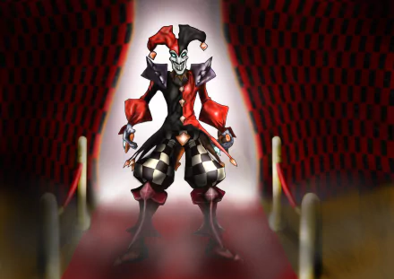 HD PC desktop wallpaper featuring Shaco from League of Legends, set against a dark, theatrical background with red and black checkered patterns.