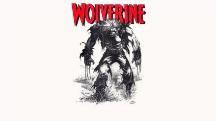 HD PC desktop wallpaper featuring a dynamic black-and-white comic illustration of Wolverine with claws extended and the bold red Wolverine title above.