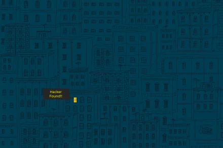 A contemporary HD wallpaper portraying a stylized cityscape at night with a small illuminated window highlighting the phrase Hacker Found! adding a tech-savvy, hacker-themed visual interest.
