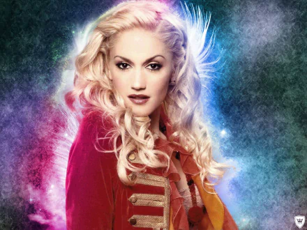 HD PC desktop wallpaper/background of a blonde pop singer in a red military-style jacket, dramatic makeup and coiffed hair against a colorful music-themed cosmic backdrop.