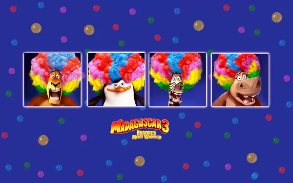 HD desktop wallpaper featuring colorful portraits of Madagascar 3: Europe's Most Wanted characters from the Madagascar movie series on a blue background with confetti.