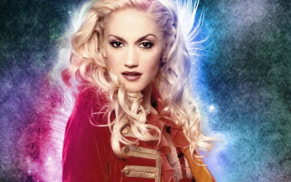 HD PC desktop wallpaper/background of a blonde pop singer in a red military-style jacket, dramatic makeup and coiffed hair against a colorful music-themed cosmic backdrop.