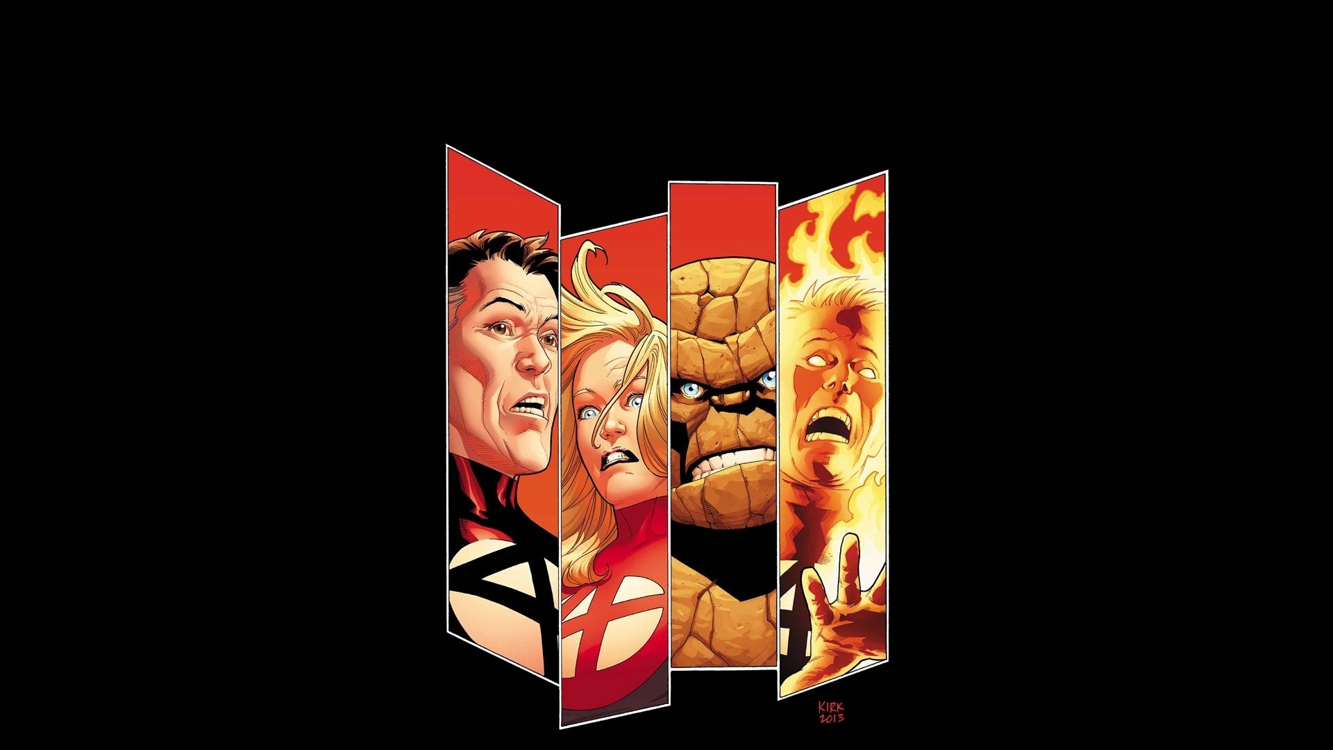 HD desktop wallpaper featuring the Fantastic Four characters: Reed Richards, Susan Storm, Ben Grimm, and Johnny Storm as Mister Fantastic, Invisible Woman, Thing, and Human Torch.