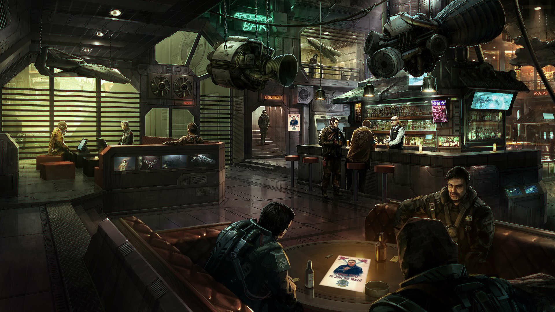 A detailed HD wallpaper showcasing a futuristic bar setting within the universe of Star Citizen, featuring characters engaged in conversation and advanced technology in the background.