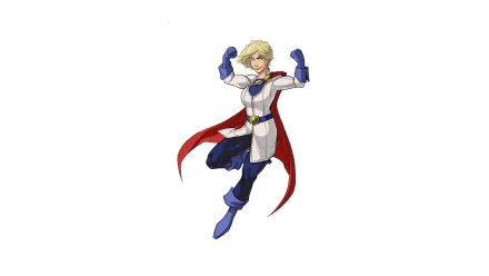 Comic-style Power Girl in white costume and red cape, flexing her arms mid-flight — HD PC desktop wallpaper/background.