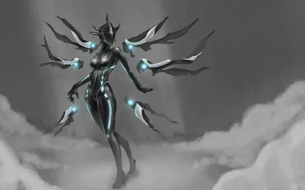 A striking fantasy-themed angel figure stands amidst ethereal clouds, showcasing intricate designs and luminous accents. This high-definition image serves as an impressive desktop wallpaper.