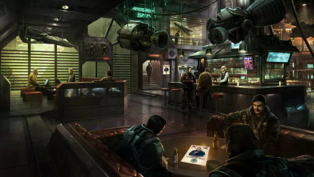A detailed HD wallpaper showcasing a futuristic bar setting within the universe of Star Citizen, featuring characters engaged in conversation and advanced technology in the background.