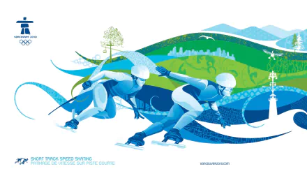 HD PC desktop wallpaper of stylized short-track speed skaters in blue-green waves, Vancouver 2010 Winter Olympics sports background with Olympic logo.