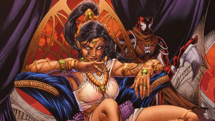 Comic-style HD PC desktop wallpaper and background of a jeweled queen lounging on a throne with a cloaked guardian behind her, radiating a dark, dramatic comic vibe.