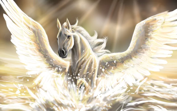 A majestic pegasus rises from shimmering waters, its wings spread wide, surrounded by ethereal light. This HD fantasy wallpaper adds a magical touch to any desktop background.