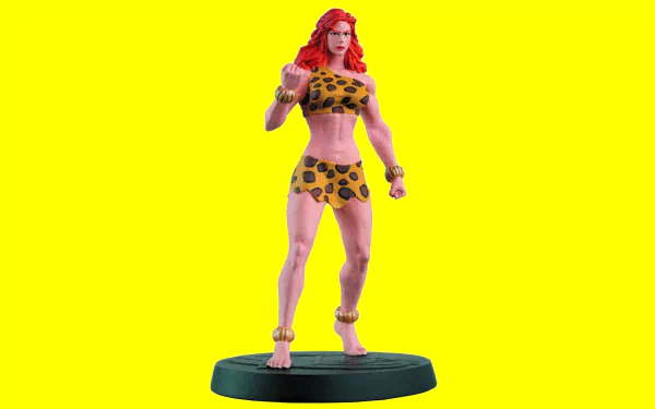HD PC desktop wallpaper of Giganta, a comic character with red hair wearing a leopard-print outfit, standing confidently on a circular platform against a bright yellow background.