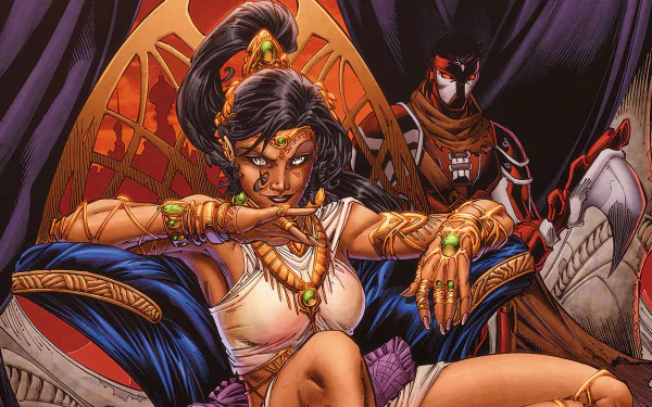 Comic-style HD PC desktop wallpaper and background of a jeweled queen lounging on a throne with a cloaked guardian behind her, radiating a dark, dramatic comic vibe.