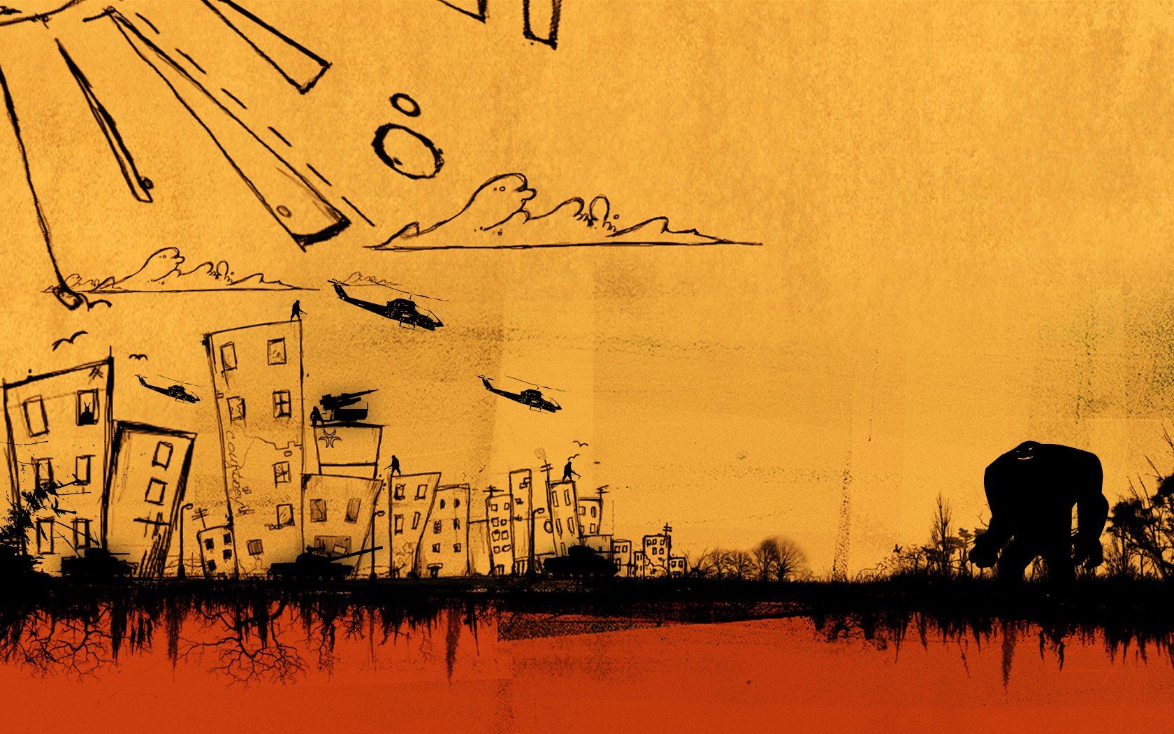 An artistic HD desktop wallpaper featuring a stylized skyline with buildings, a setting sun, and abstract elements, blending urban themes with vibrant hues.