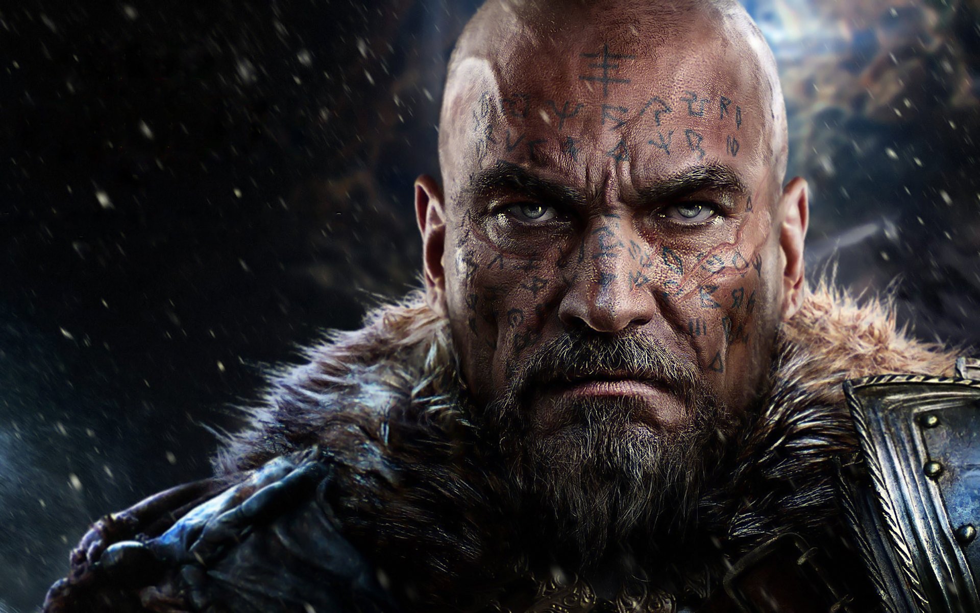 HD PC desktop wallpaper featuring a fierce, tattooed warrior from the video game Lords of the Fallen, set against a dark, stormy background.