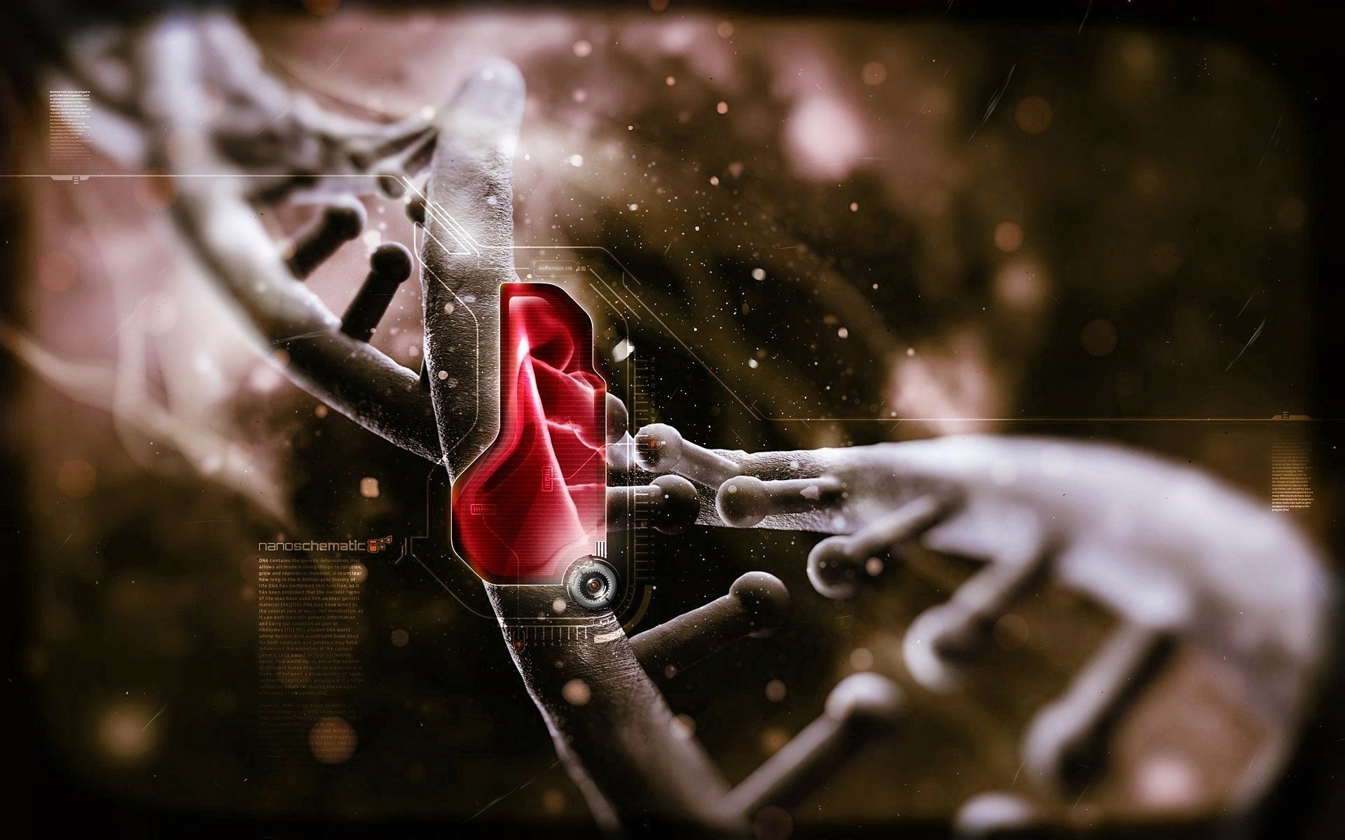 Artistic HD desktop wallpaper featuring a detailed, close-up view of a DNA double helix structure with a highlighted red segment against a dark, abstract background.