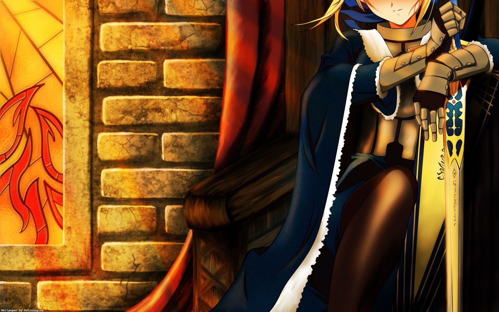 A high-definition wallpaper featuring Saber from the Fate series, showcasing the character's iconic outfit and sword against a richly textured background.