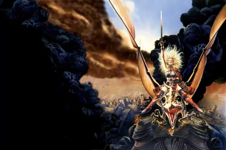 A fierce woman warrior brandishes a sword while riding a massive bird through dark clouds, embodying the spirit of heavy metal fantasy amidst a chaotic landscape.